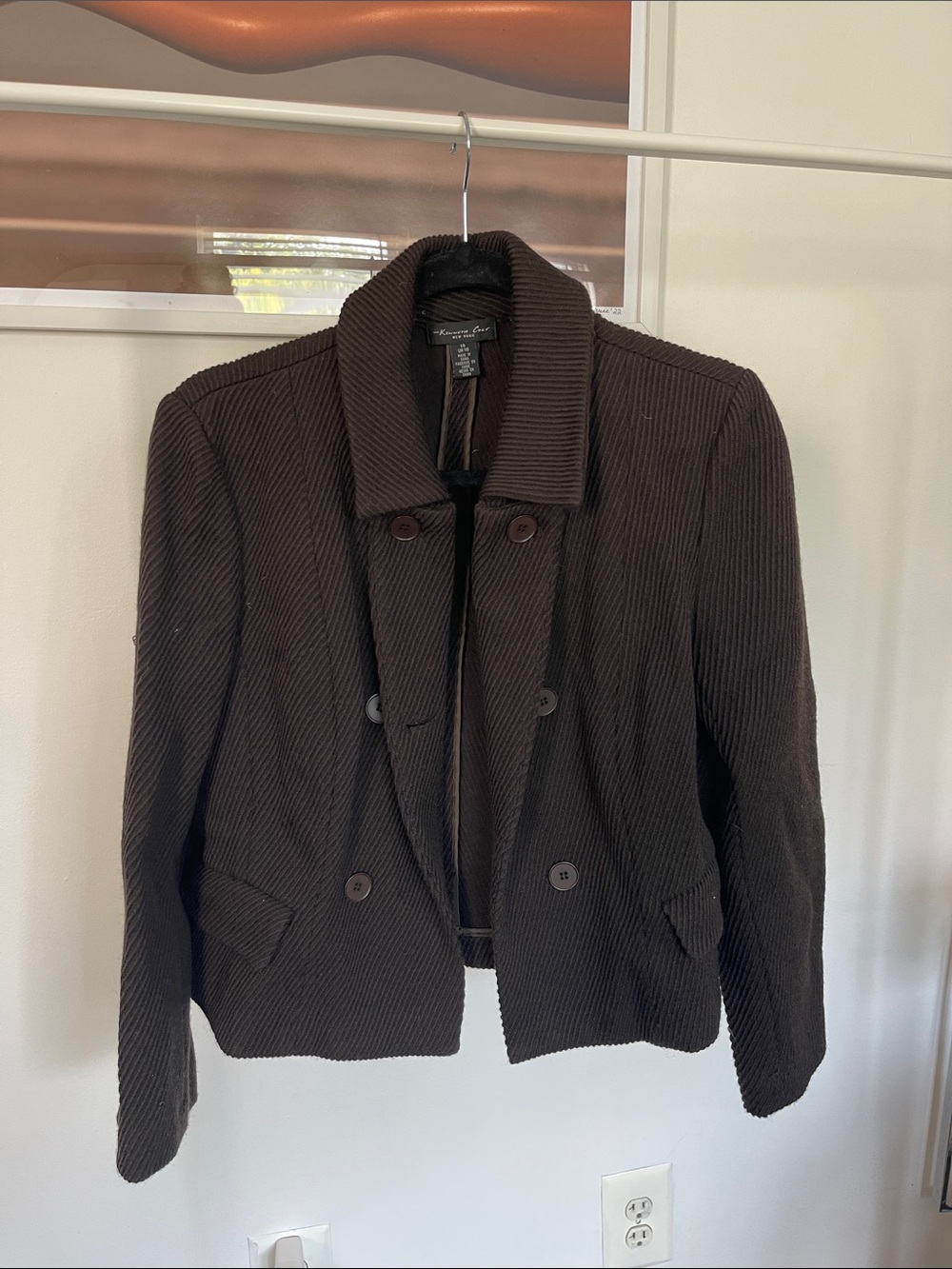 Kenneth Cole Dark Brown Double-Breasted Ribbed Blazer Jacket
